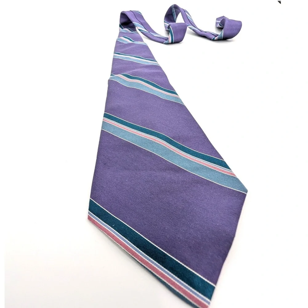 Christian Dior Silk Necktie Purple Teal‎ Pink Striped Vintage Made in USA